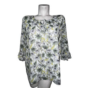 SKIES ARE BLUE Top Size L Green Floral Floral Cottagecore Boho 3/4 Sleeve Blouse